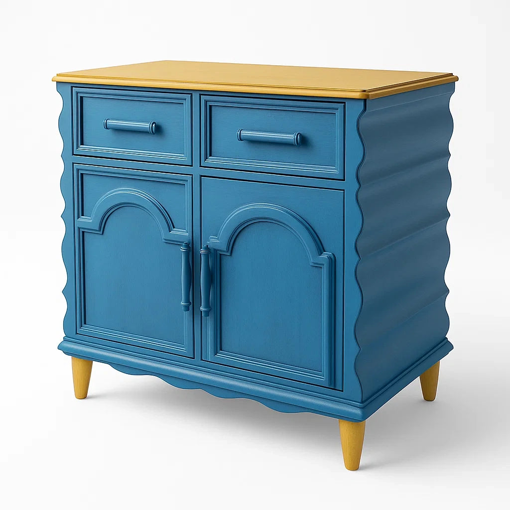 Holzkommode Blau Gelb mit 2 Schubladen und Türen
