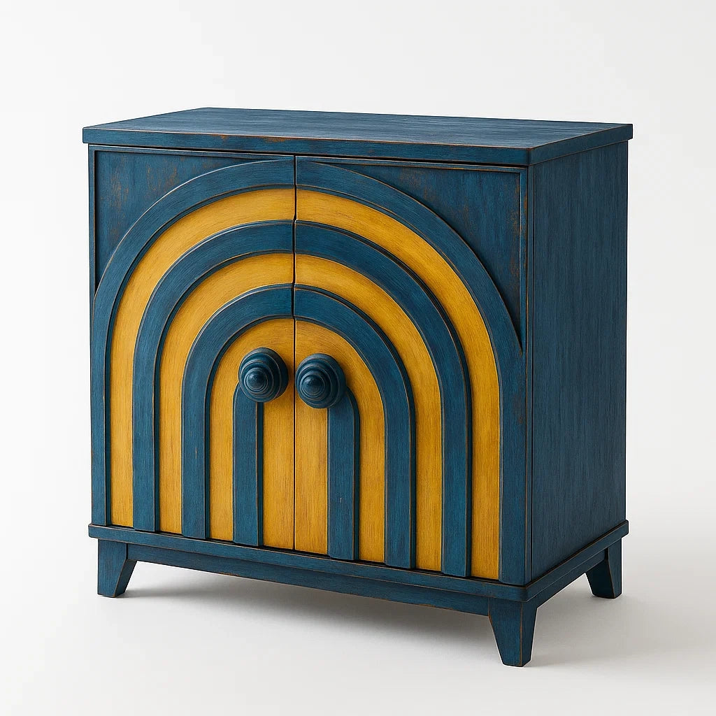 Holzschrank mit geometrischem Muster Blau/Gelb