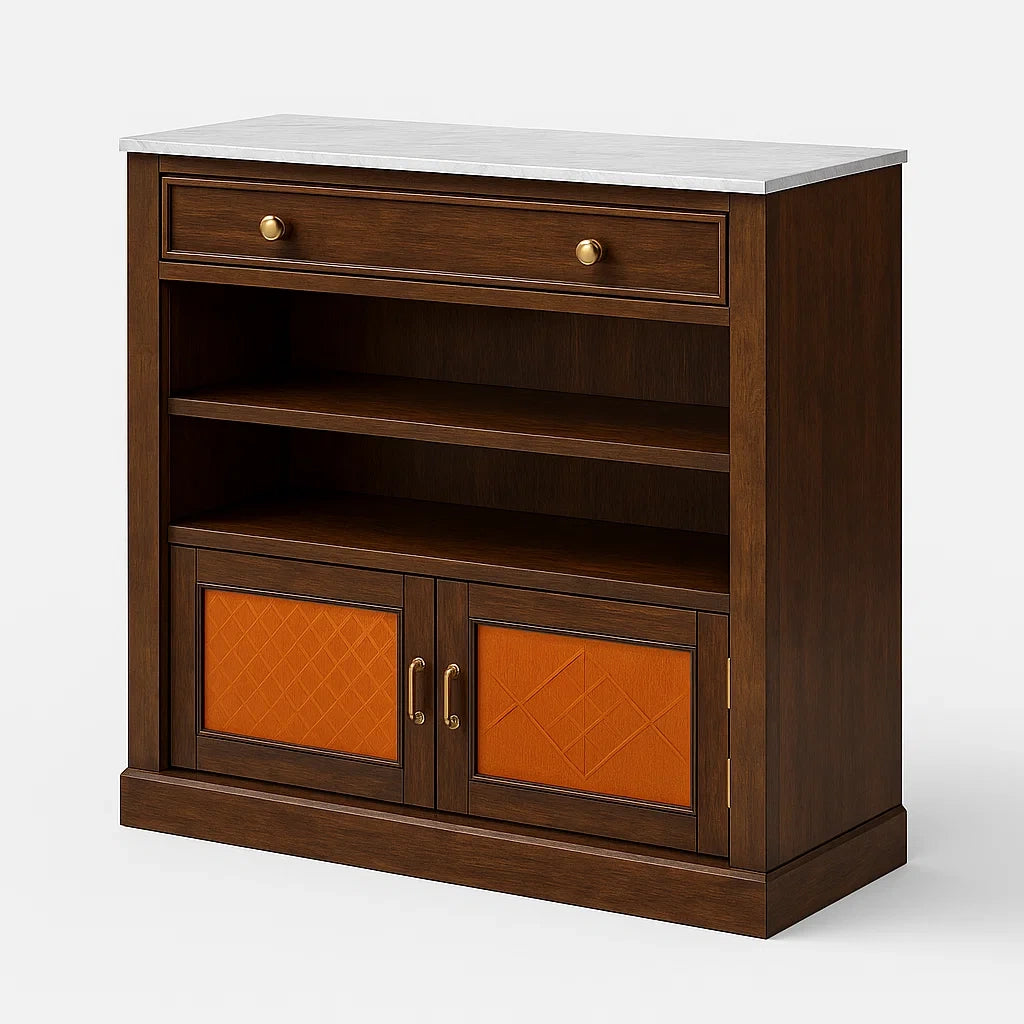 Holzkommode mit Marmorplatte und Kunstleder Braun/Orange