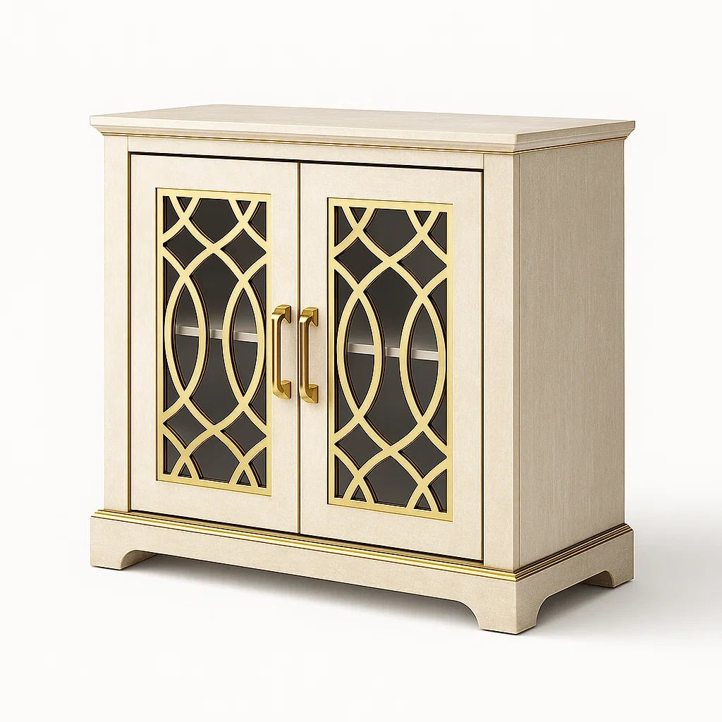 Sideboard Holz Glas Doppeltüren Creme/Gold