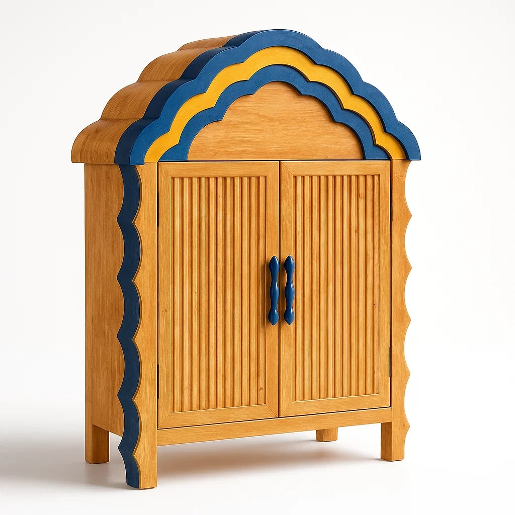 Holzschrank mit gewelltem Design in Blau und Gelb