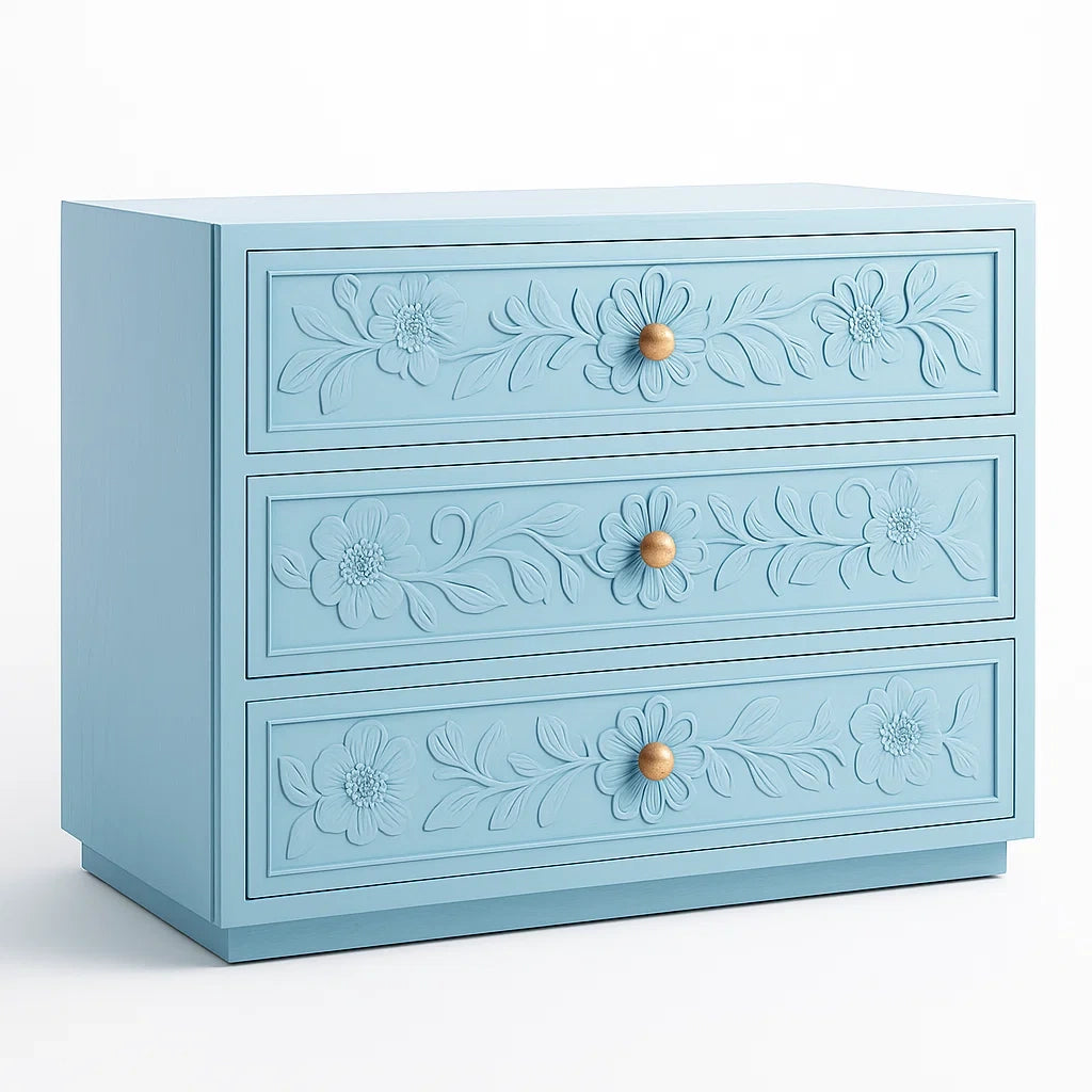 Blaue MDF-Kommode mit 3 Schubladen und Blumenmuster