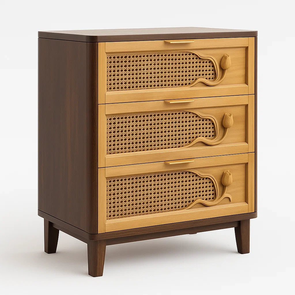 Kommode aus Holz und Rattan mit 3 Schubladen in Braun und Natur