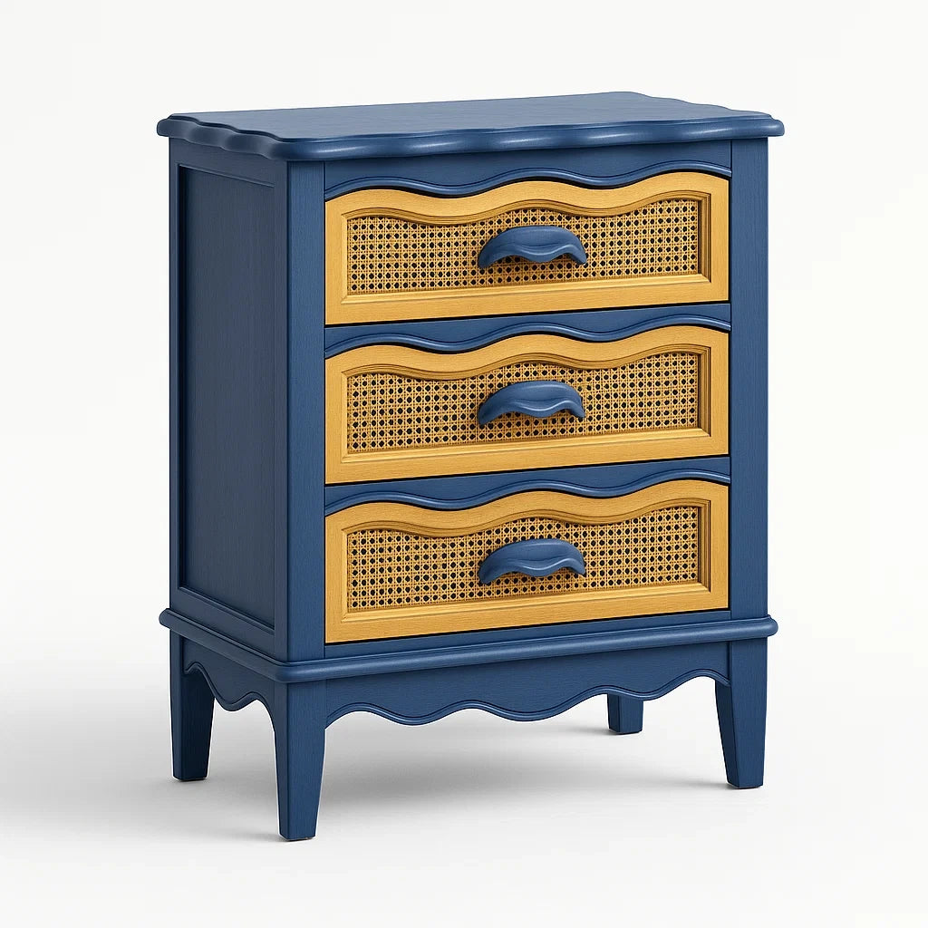 Kommode mit 3 Schubladen aus Massivholz und Rattan in Blau und Natur