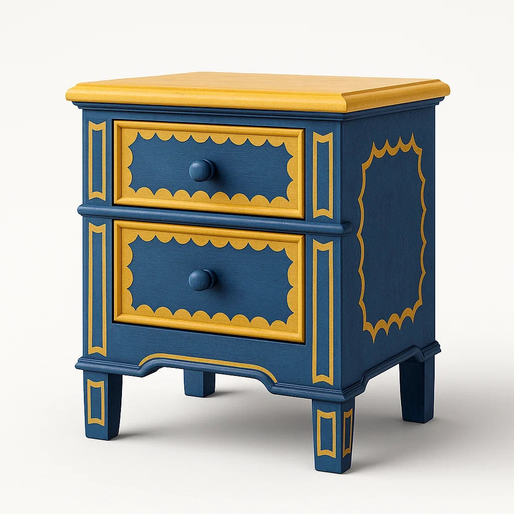 Holznachttisch mit 2 Schubladen Blau/Gelb