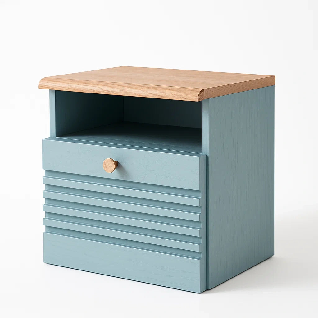 Nachttisch Holz Blau mit Schublade und Regal