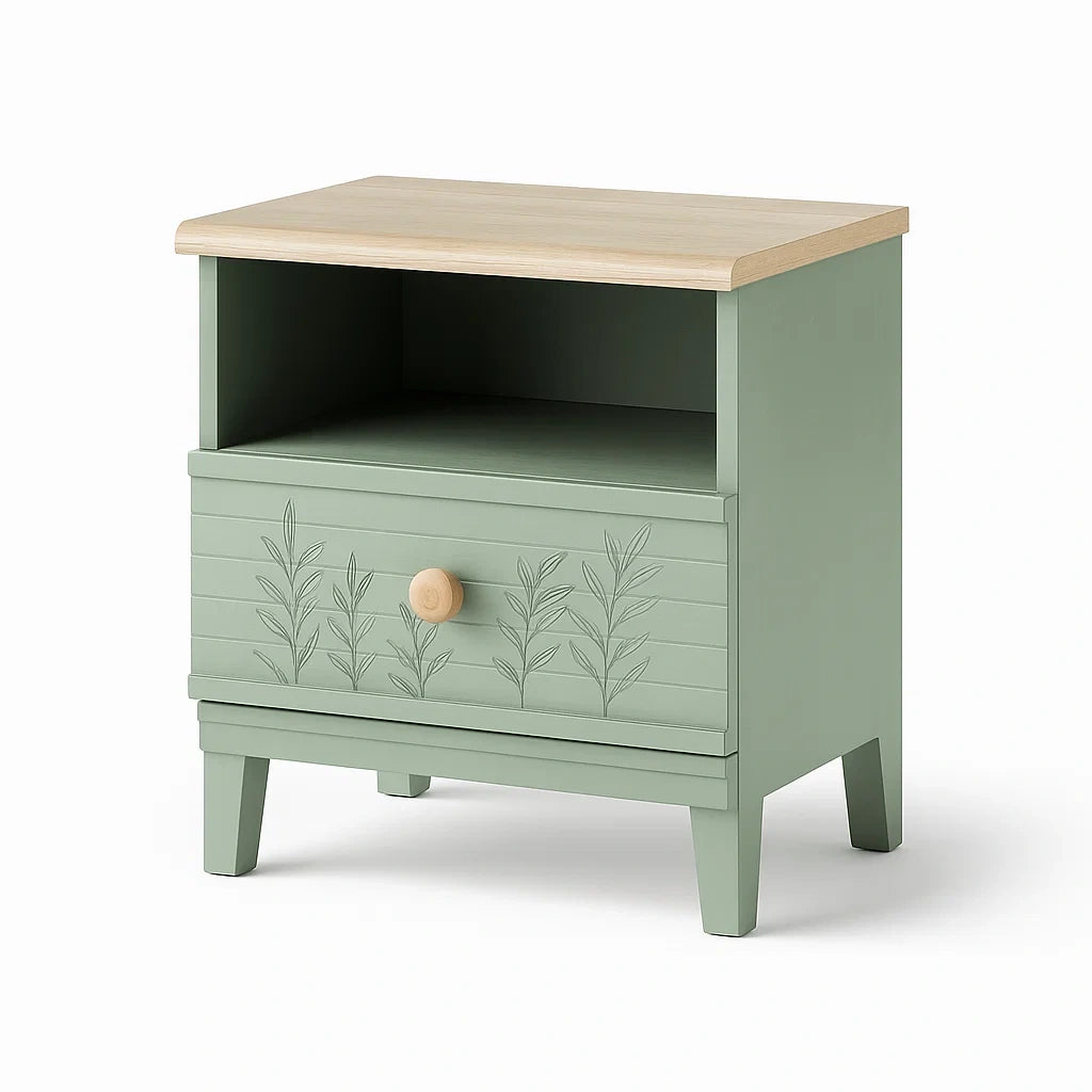 Holz Nachttisch Grün mit Schublade und Regal