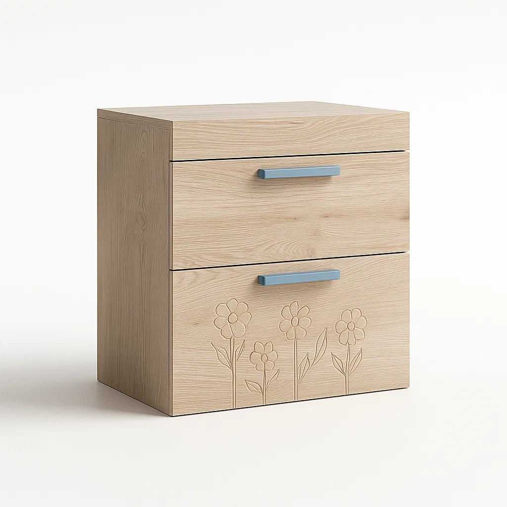 Holz-Nachttisch mit 2 Schubladen und Blumenmuster 50x40x35 cm