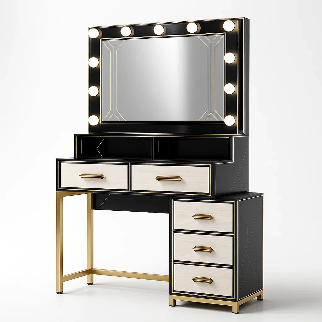 Schminktisch mit Spiegel und Beleuchtung, Schwarz/Gold, MDF