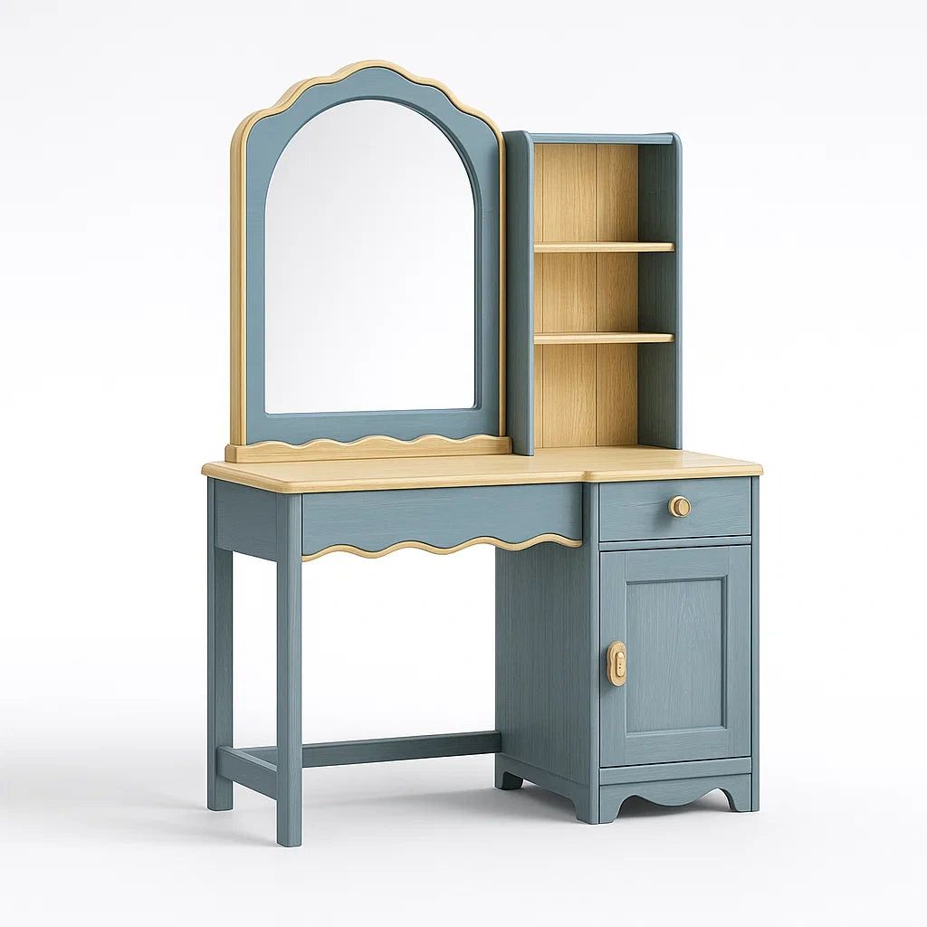 Holz-Schminktisch mit Spiegel und Regal Blau/Beige