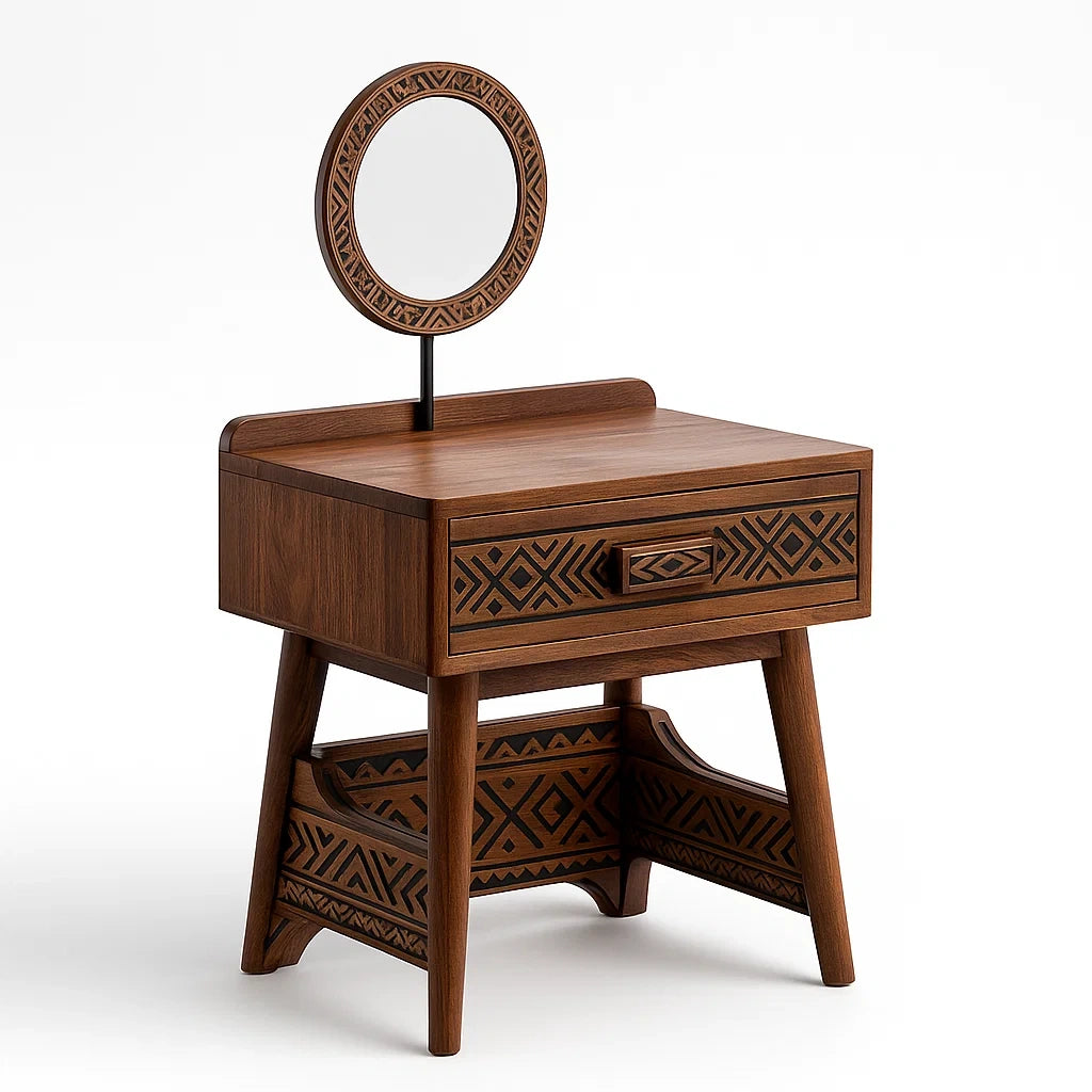 Schminktisch aus Holz mit Spiegel und Tribal Muster