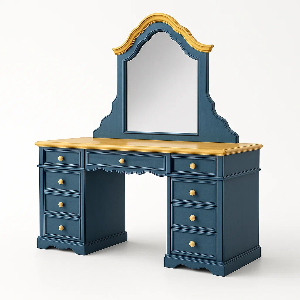 Schminktisch mit Spiegel Holz Blau/Gold 120x50x145cm