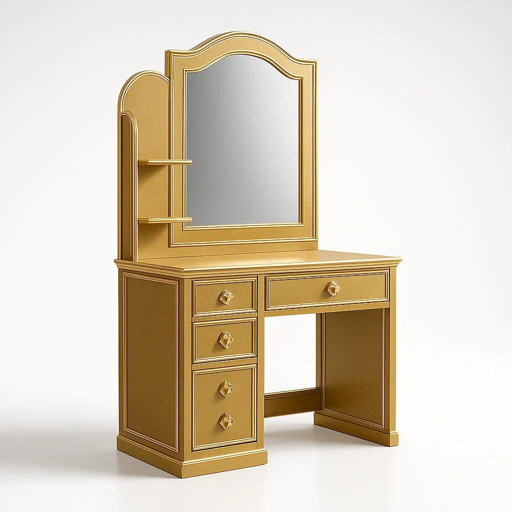 Schminktisch aus MDF in Gold mit Spiegel und Schubladen