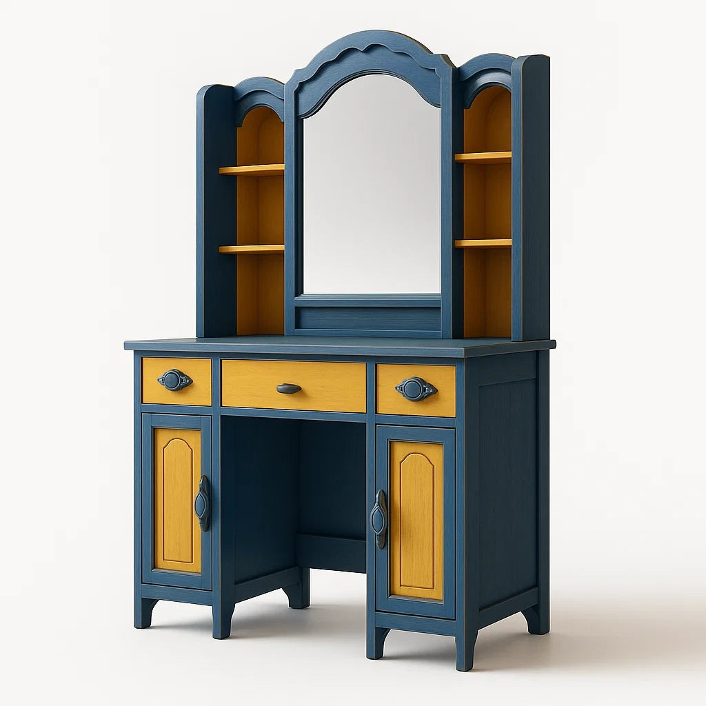 Frisiertisch mit Spiegel aus Holz Blau/Gelb 120x45x160cm