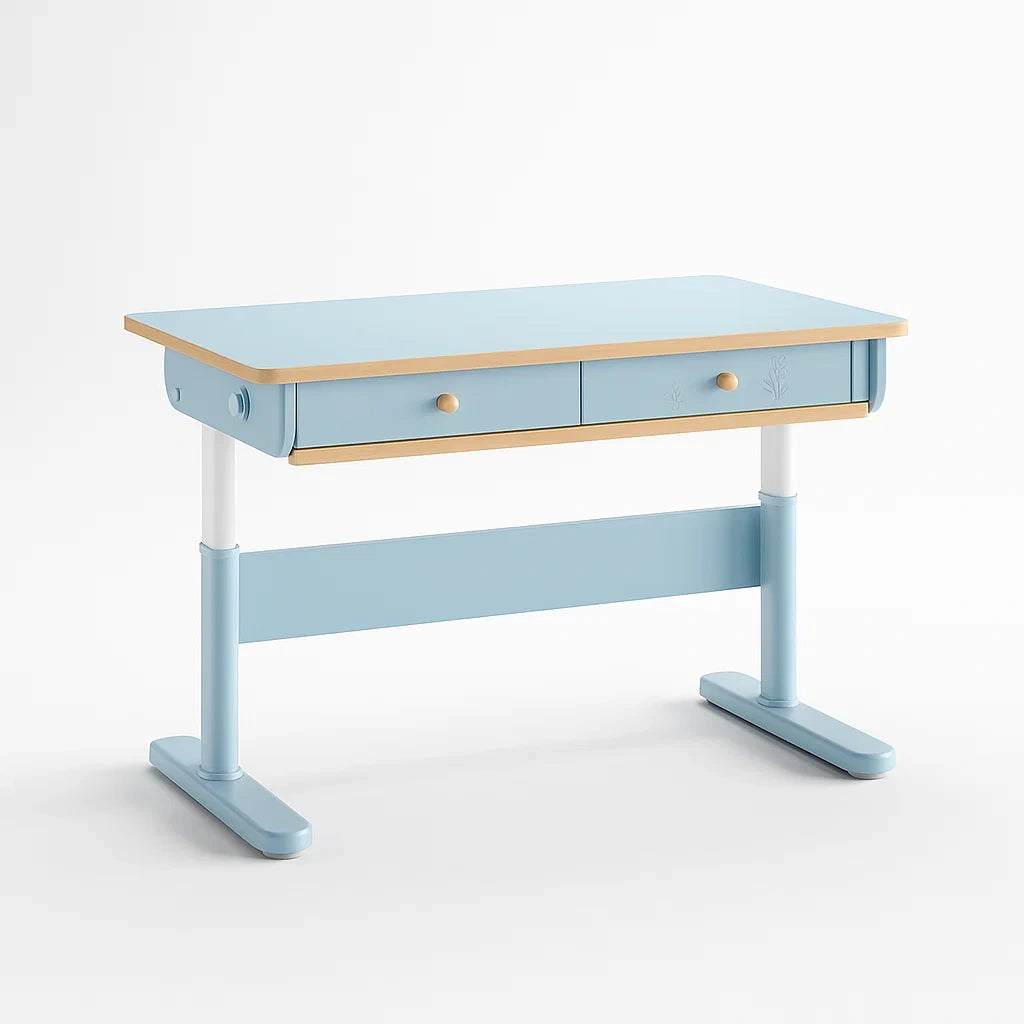 Höhenverstellbarer Kinderschreibtisch aus Holz und Metall in Blau mit Schubladen