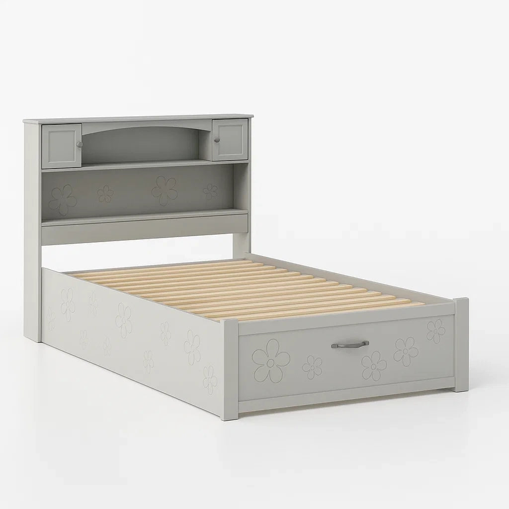 Kinderbett mit Regal und Stauraum aus Kiefernholz Grau 90x200 cm